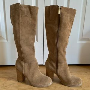 Tan suede heeled high boots